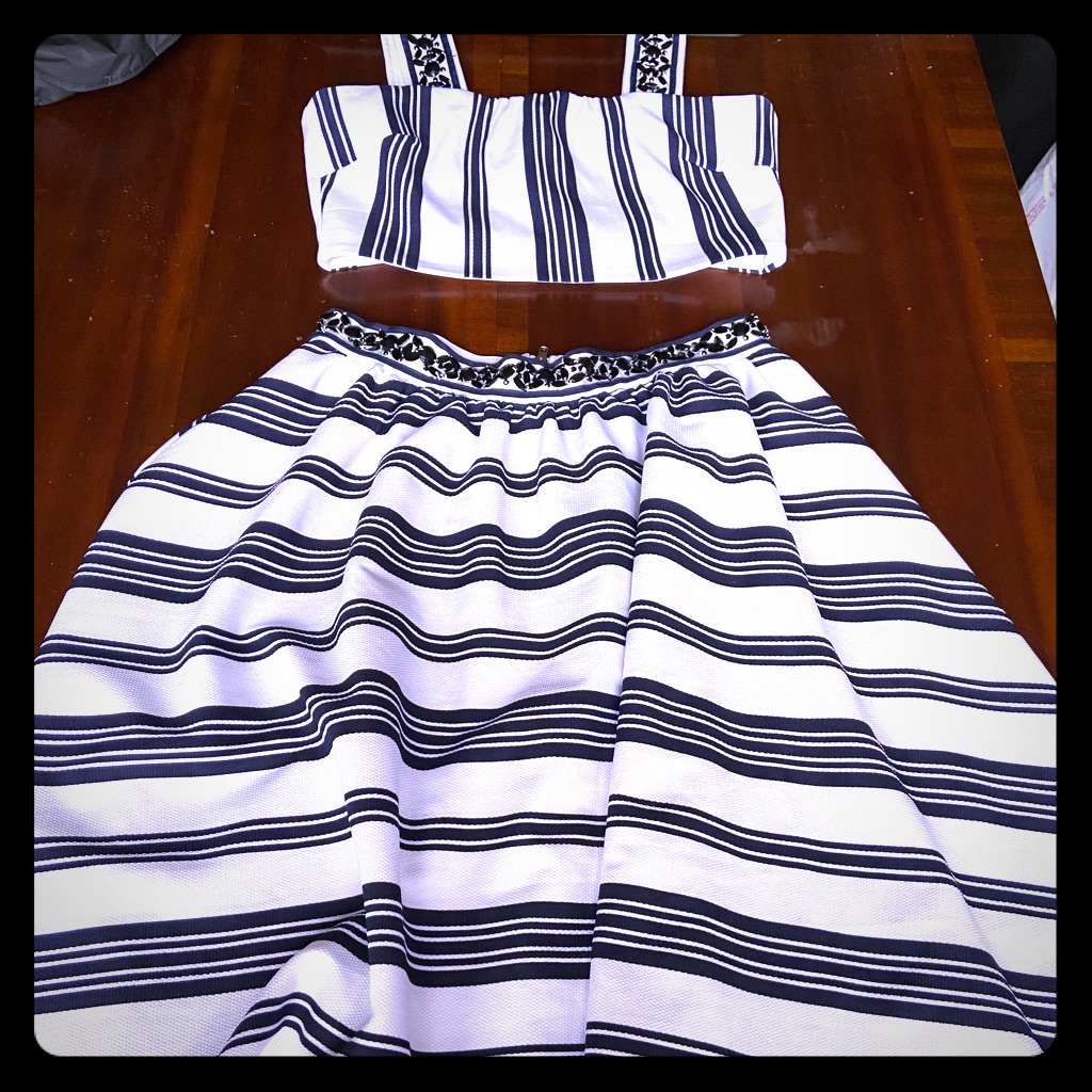 White And Black Stripe Crop Top Midi Skirt Set